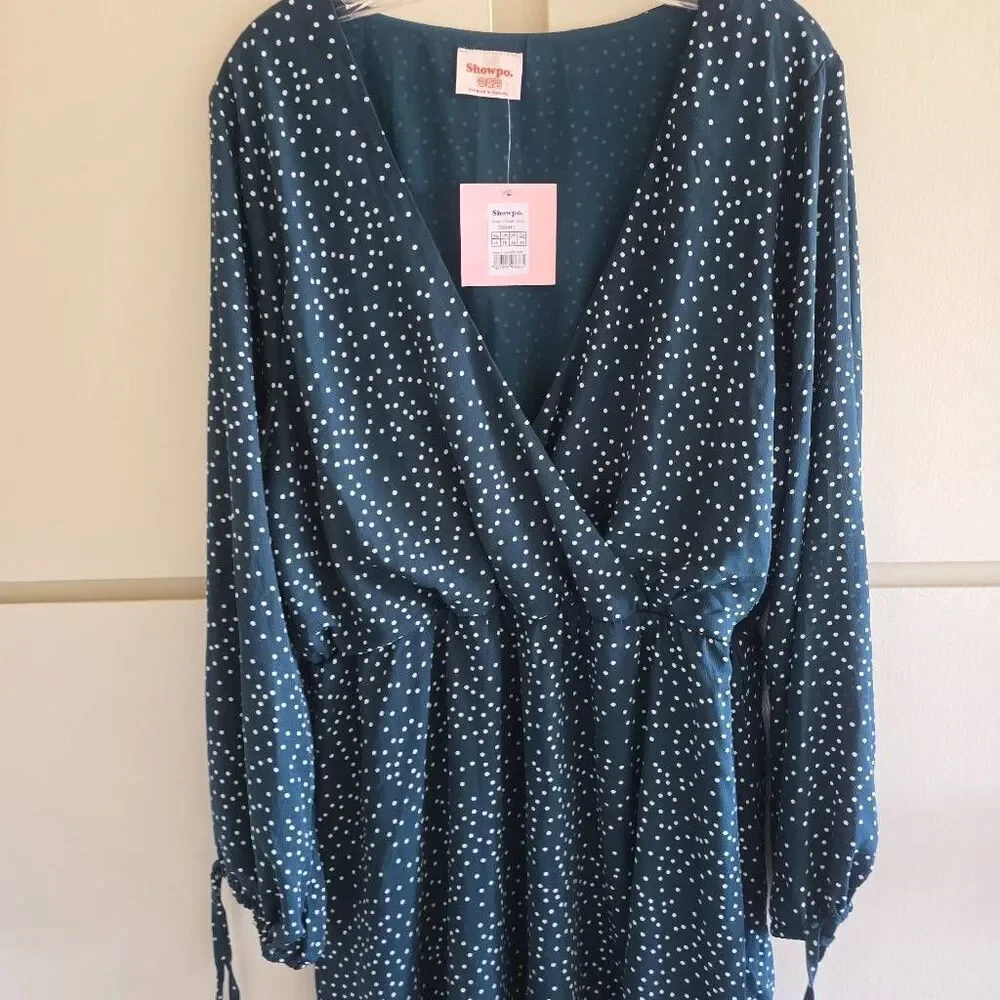 Showpo. Mini Dress Keep it Smart Long Sleeve in Emerald Spot Polka Dot Size 14